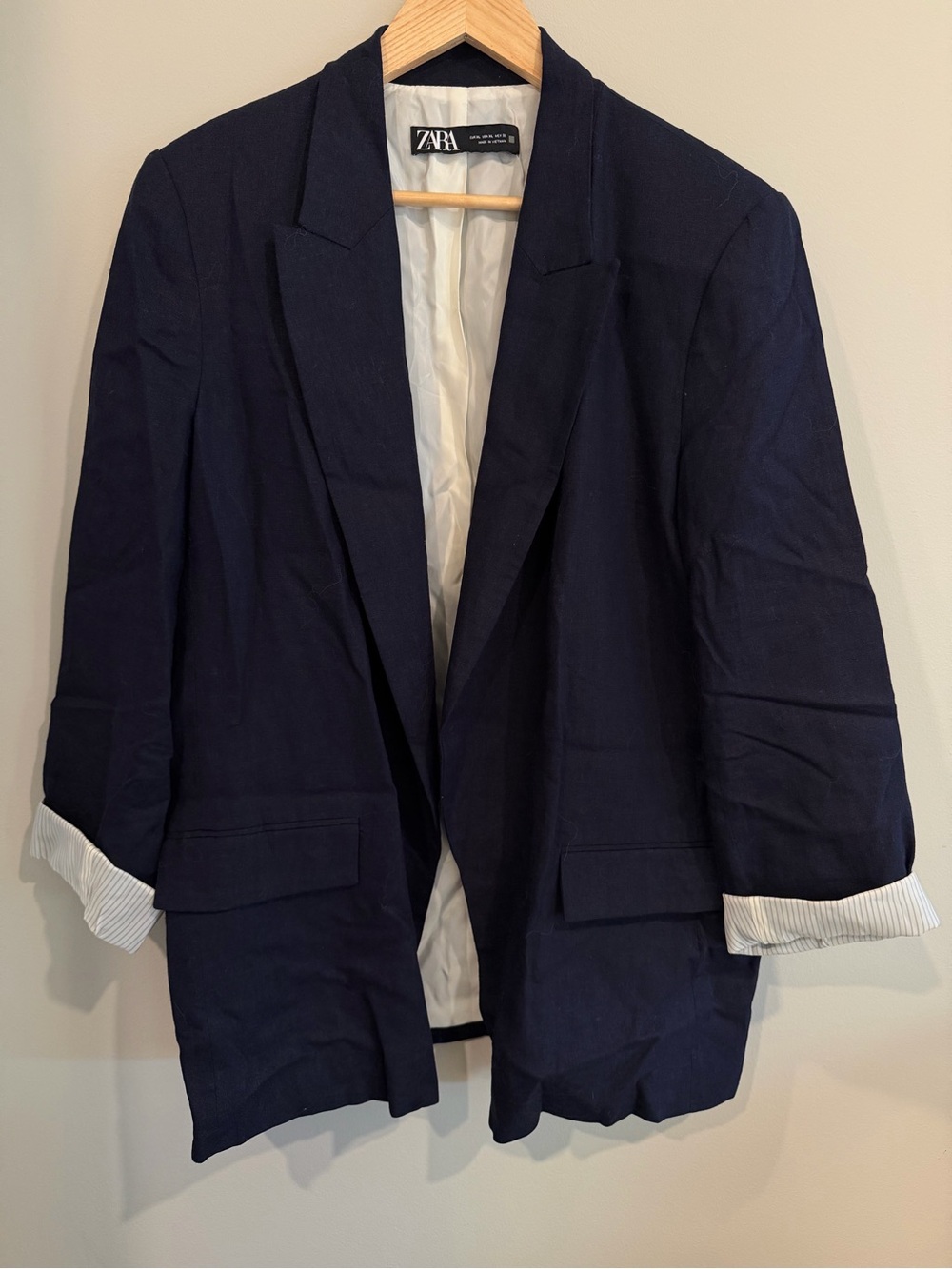 Zara Navy Blue Linen Blazer with Striped Sleeve Lining